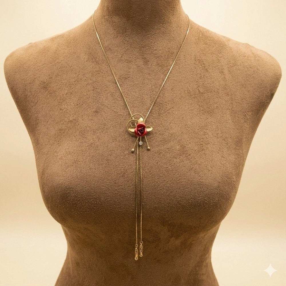 Vintage Red Enamel Rose Gold Tone Bolo Necklace Adjustable 28" Cottagecore